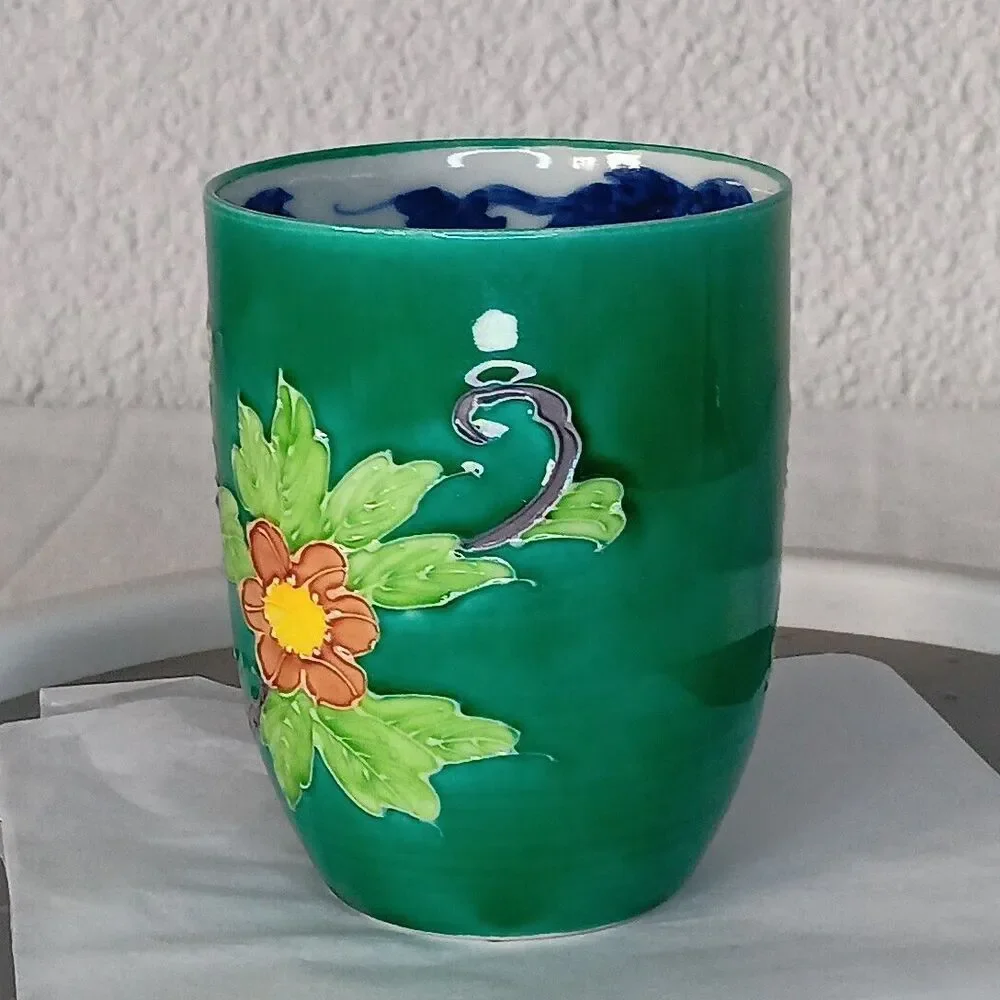 Japanese Kutani Ware Ceramic Teacup Yunomi Emerald Green Heavy Glaze 3.5